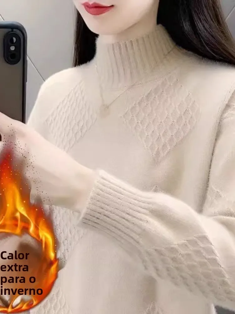 女性のフリース裏地付き厚手ハーフハイカラーセータースタイリッシュなシンプルなデザイン秋冬ファッションインナーウェアベースシャツ