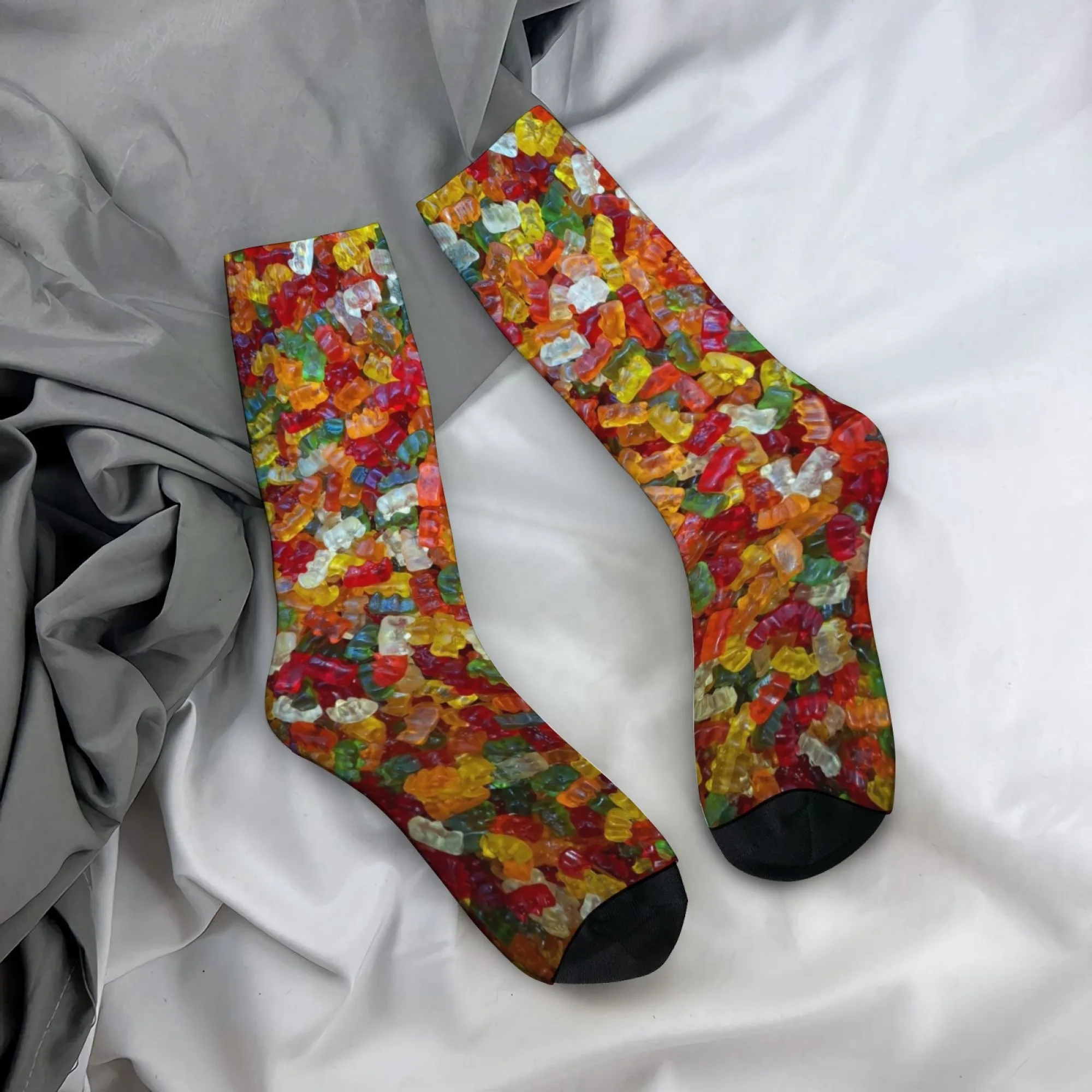 Novel Harajuku Retro Sweet Gummy Bear Pattern Crew Socks Colorful Candy Texture Base Mid-Calf Socks Edgy Casual Wear
