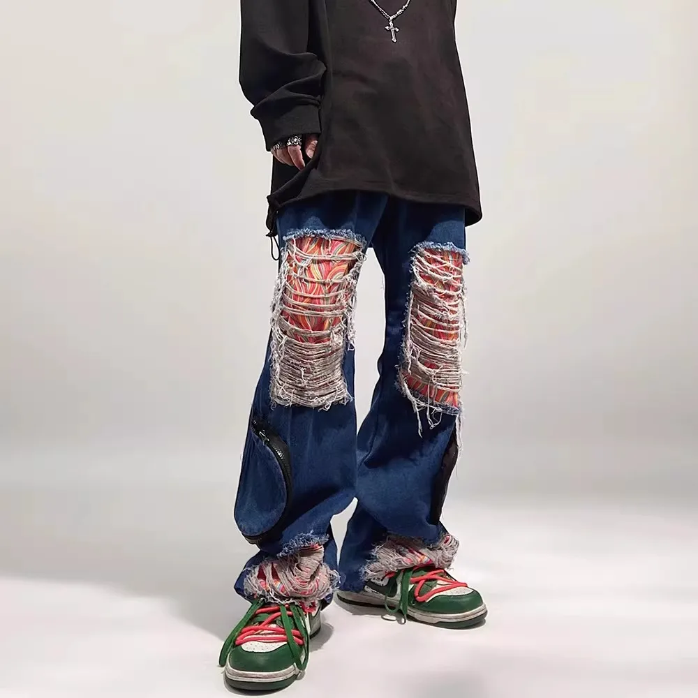 

Waed American Sle Men's Jeans Spring Autumn New Loose Wide Leg Pants Torn Hole Frayed Casual Faion Polyester Fiber