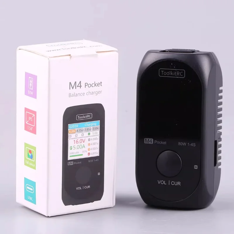 ToolkitRC M4Pocket 1-4S Lipo LiHV LiFe Lion Battery Charger 80W 5A Smart Balance Charger Input USB-C XT30 XT60 Output