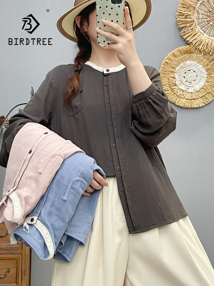 New 2026 Autumn Women Cotton Yarn Long Sleeve Shirt, Stand Lace Solid, Mori Girl Fashion OL Design Sense Loose Blouse T69721CC