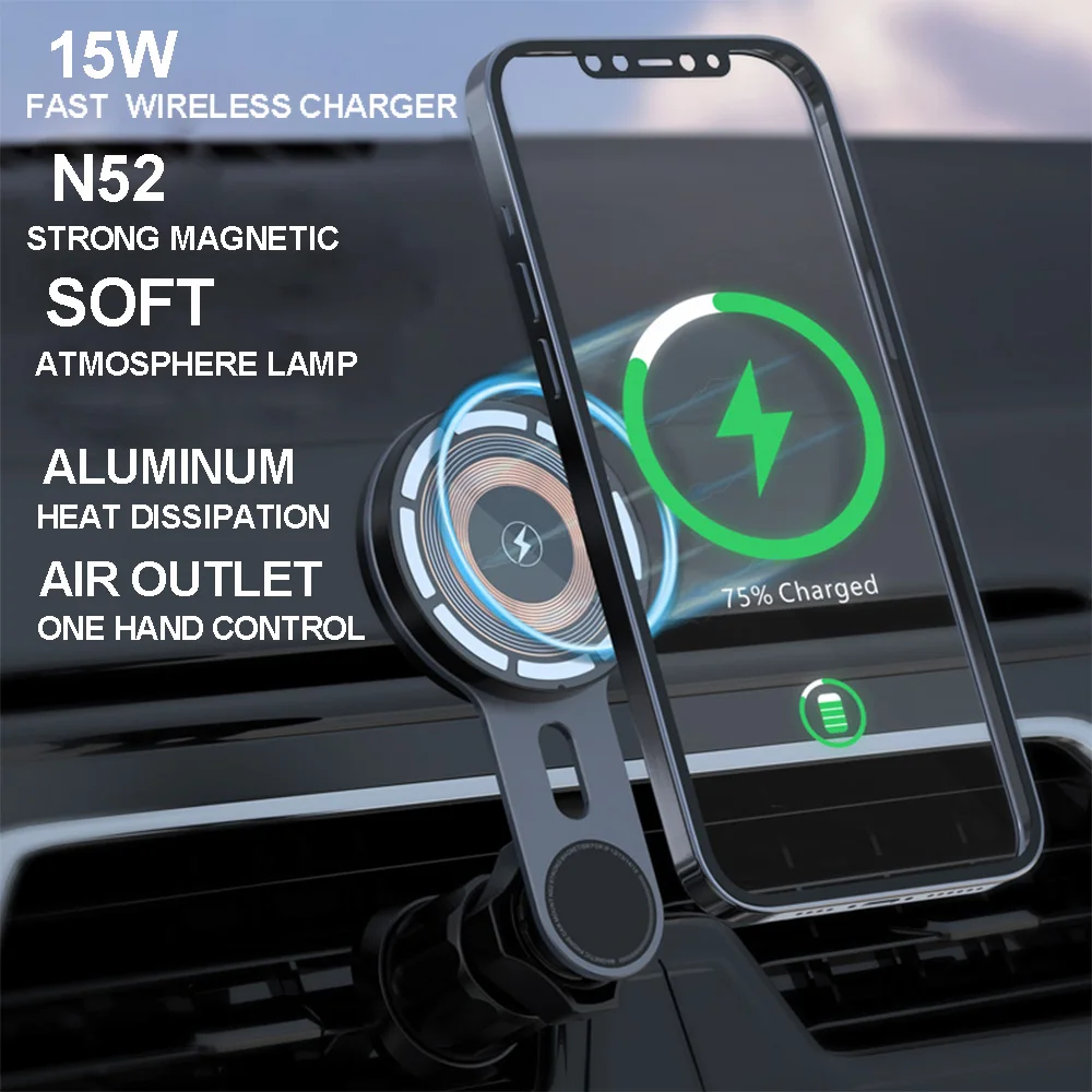 

Magnetic 15W Wireless Car Charger Phone Holder with Atmosphere Lamp for Air Outlet Fast Charging Auto Air Vent Cell Phone Mount