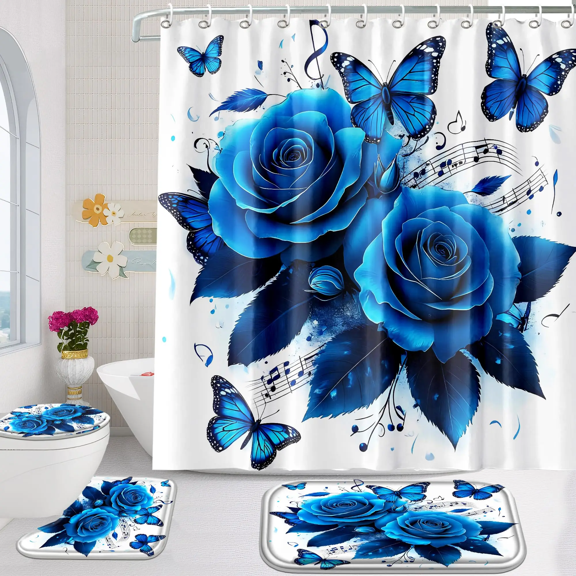 4 Pcs Shower Curtain Set, Rose Bathroom Set,Romantic Shower Curtain Sets with Rugs(Bath Mat,U Shape and Toilet Lid Cover Mat)