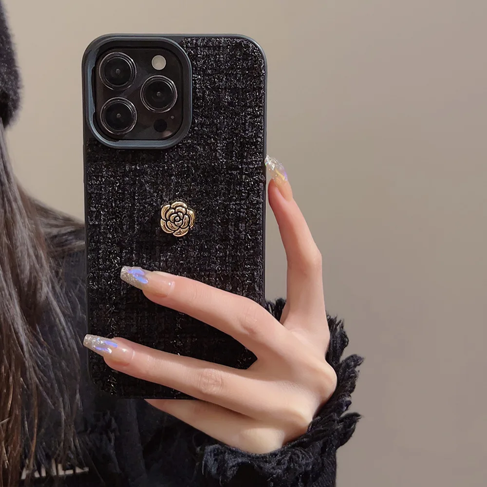 Luxury 3D Golden Camellia Flowers Phone Case For iPhone 17 Air 16 15 14 13 12 11 Pro Max Woolen Tweed Fabric Shockproof Cover - view 6