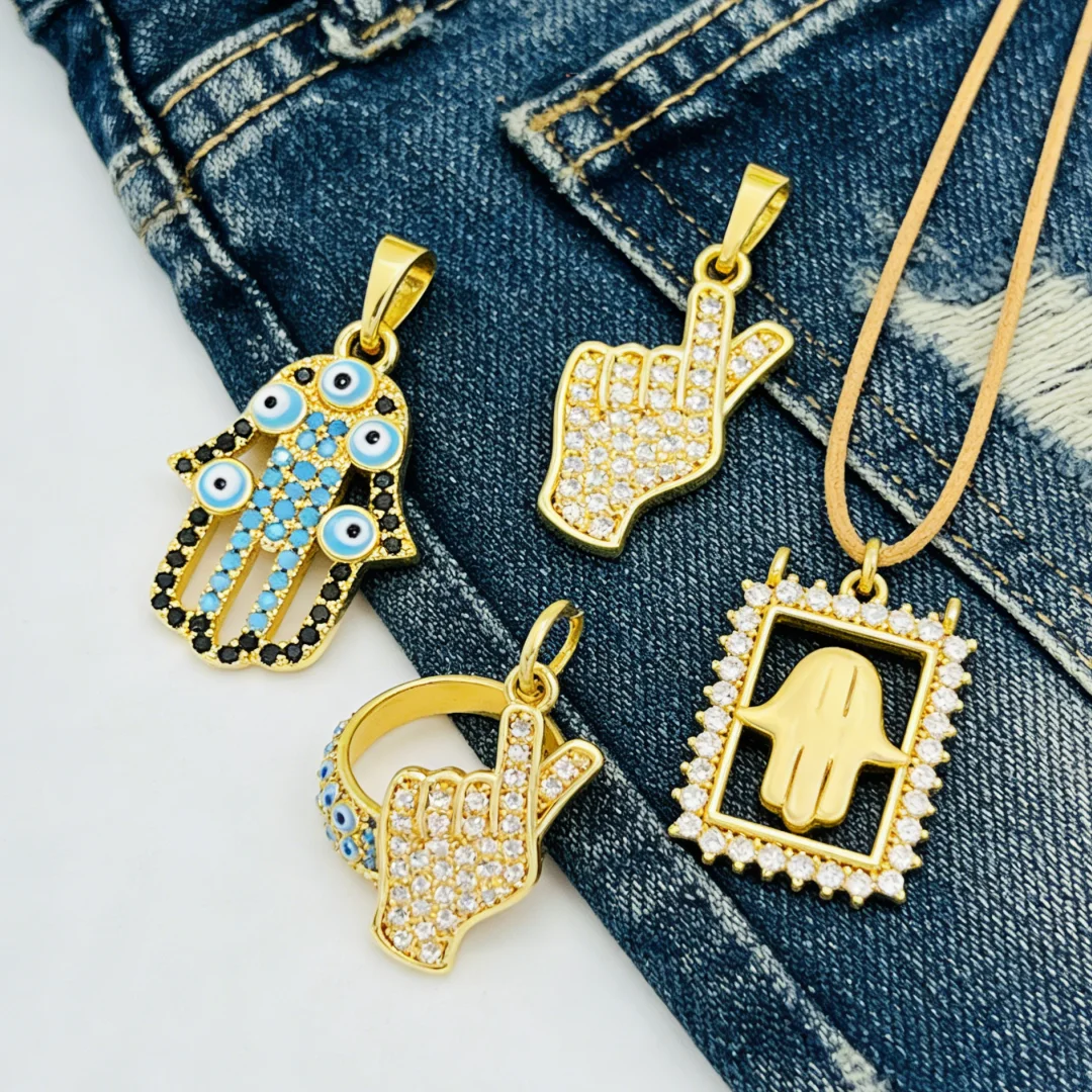 12Pcs Pendants Sparkling Brass Zirconia Palm Evil Eye Gesture Charms Hollow Accessories for DIY Jewelry Necklace Bracelet Making