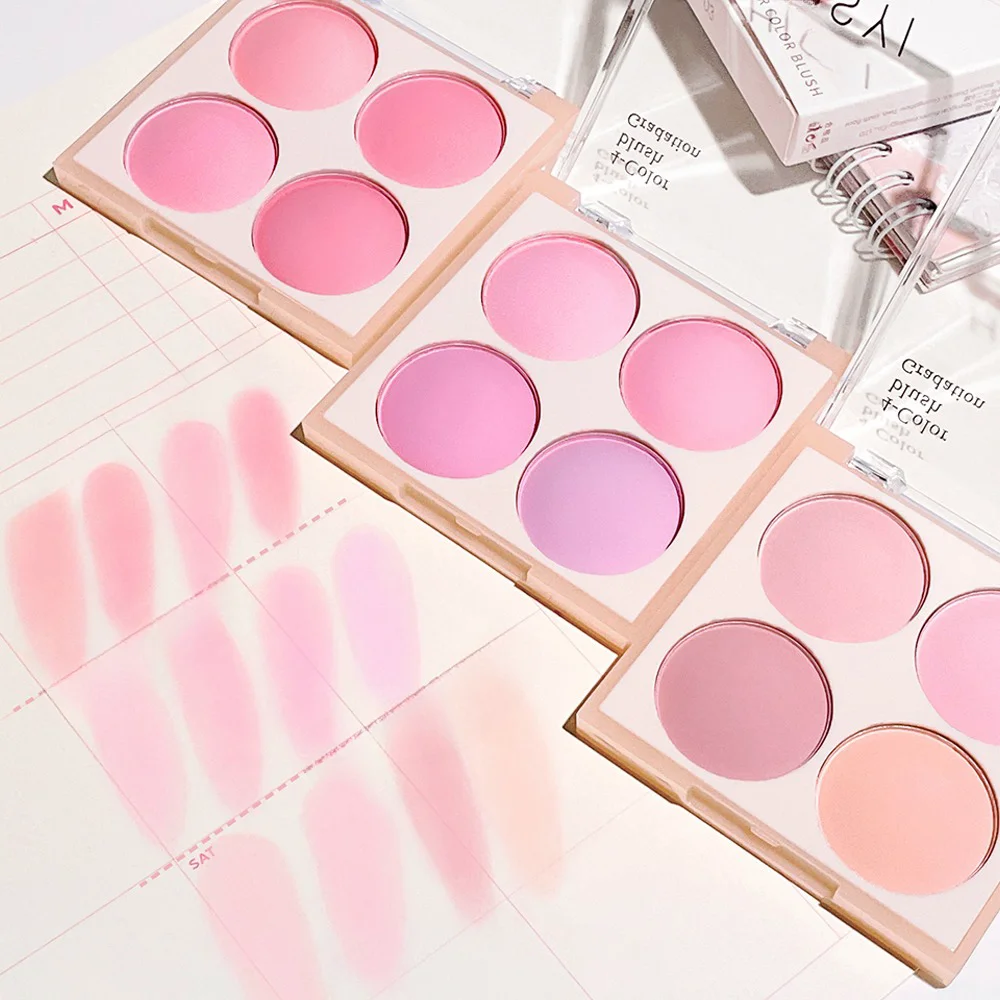 4-color matte blush, peach pink, coral blush powder, Korean low saturation soft fog blush, can lighten, create three-dimensional