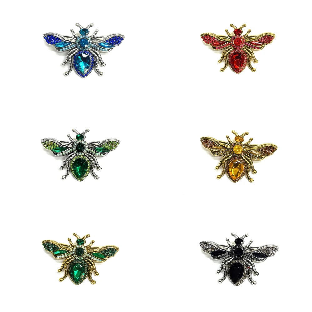 Women Fashion Crystal Bee Brooch Pins Antique Metal Rhinestone Insect Brooches Multi Colors Decorative Badge Jewelry Gift