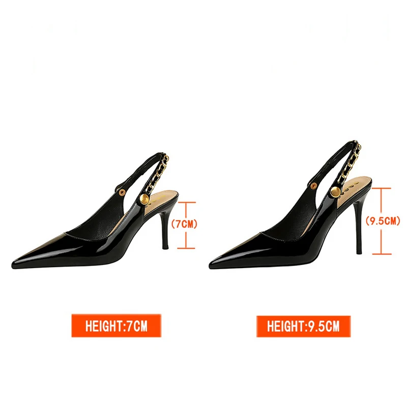 BIGTREE Shoes Metal Chain Women Pumps Patent Leather New Women 7 Cm 9.5 Cm Heels Women Summer Stilettos Sandals High Heels