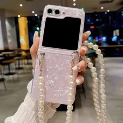 Luxury Fashion Pearl Necklace Long Chain Case For Samsung Galaxy Z Flip 6 5 4 3 5G Crossbody Lanyard Colorful Shell Phone Cover