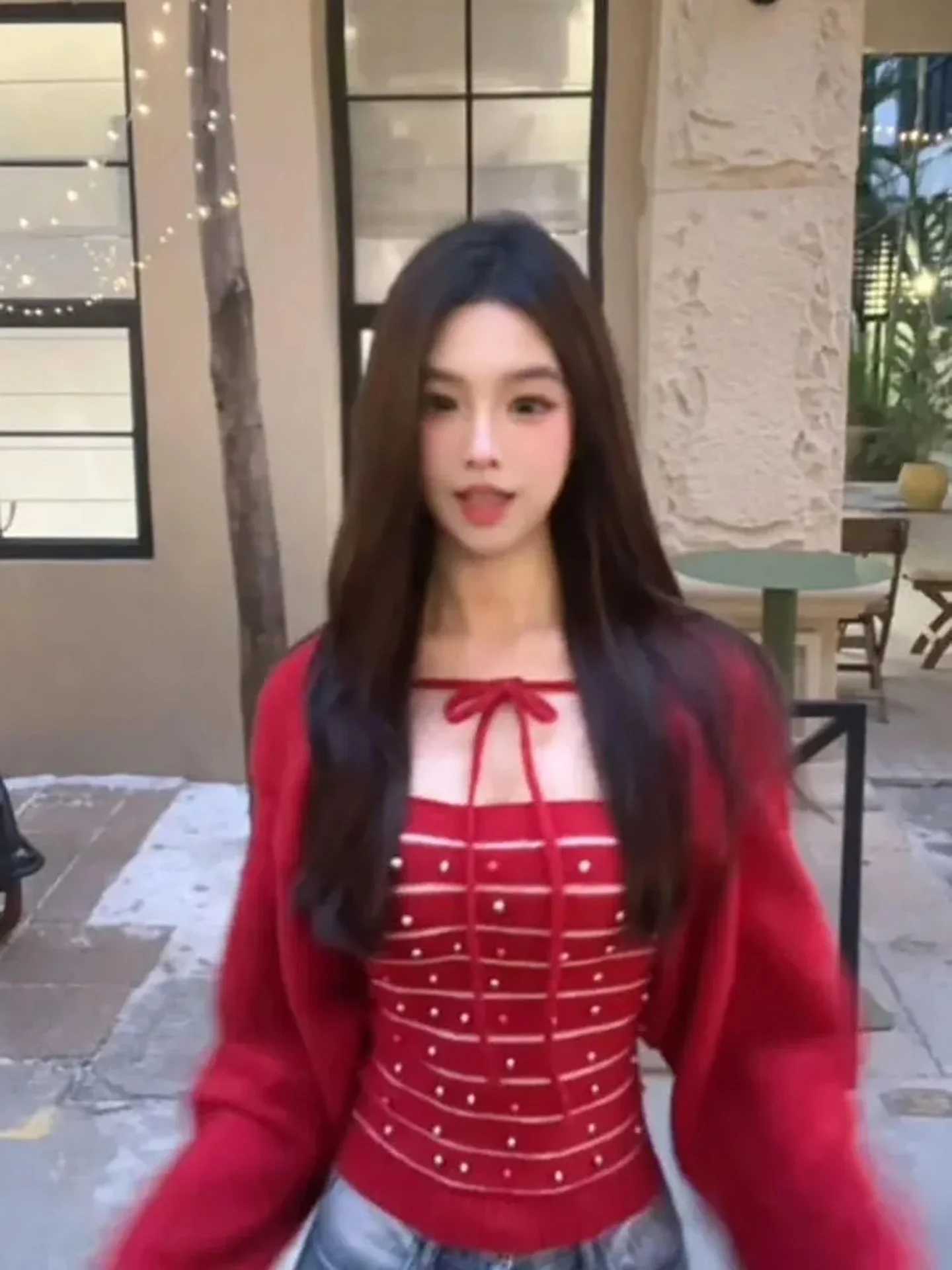 

Новогодний красный вязаный открытый кардиган и топ без рукавов, женский модный теплый комплект с высокой талией в полоску, длинный све, зимний наряд