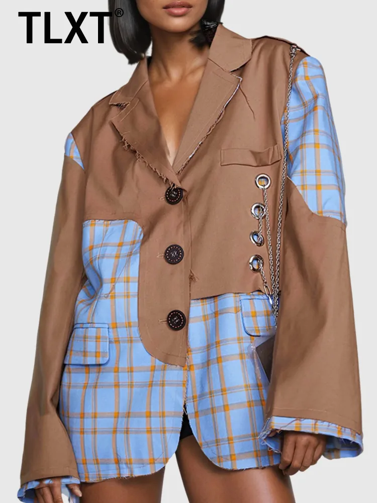 

TLXT Trendy Plaid Blazer Women 2025 Spring Summer Chain Trim 3 Button Casual Chic Jacket Lightweight High Quality Clothes XK1396
