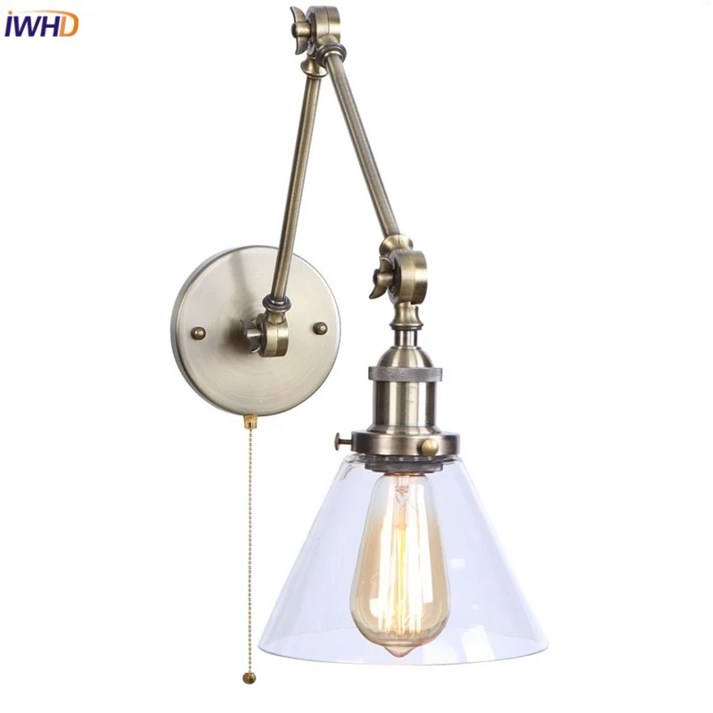 IWHD Long Swing Arm Loft LED Lamps Industrial Vintage Cafe Bar Balcony Bedside Lamp Pull Chain Switch Clear Glass Mirror Light