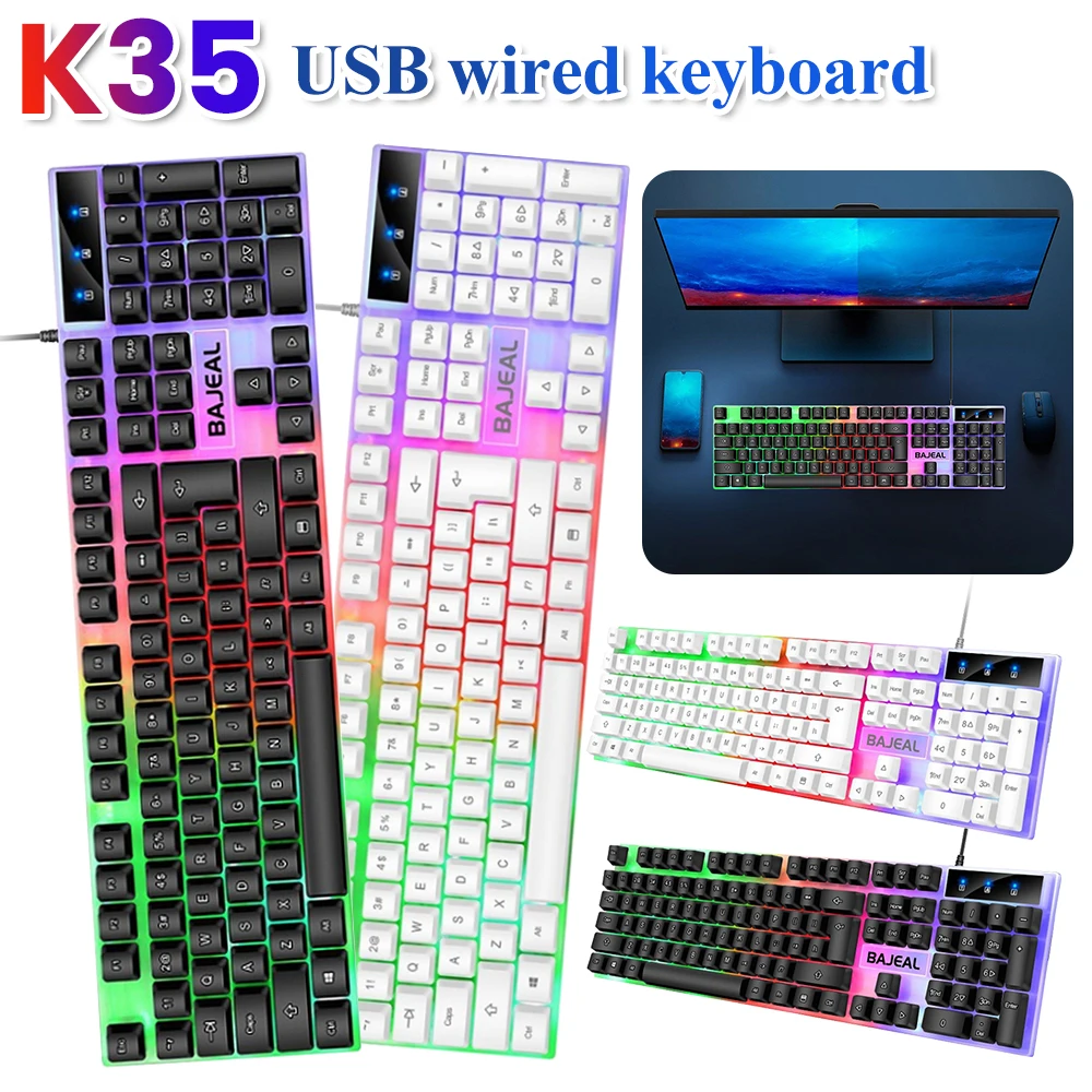 Backlit Keyboard 98 Keys Mechanical Keyboard Wired USB Keyboard Seven Color Lights 1.5m Cable for Computer Laptop for PC Gamer