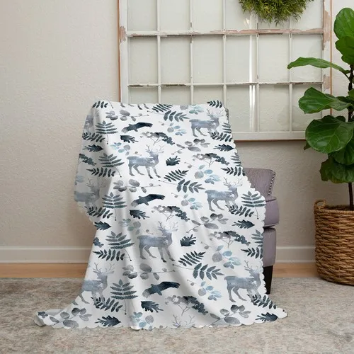 Realhomes White Zeminli Deer and Leaf Motifs Digital Printed Chenille Sofa Throw