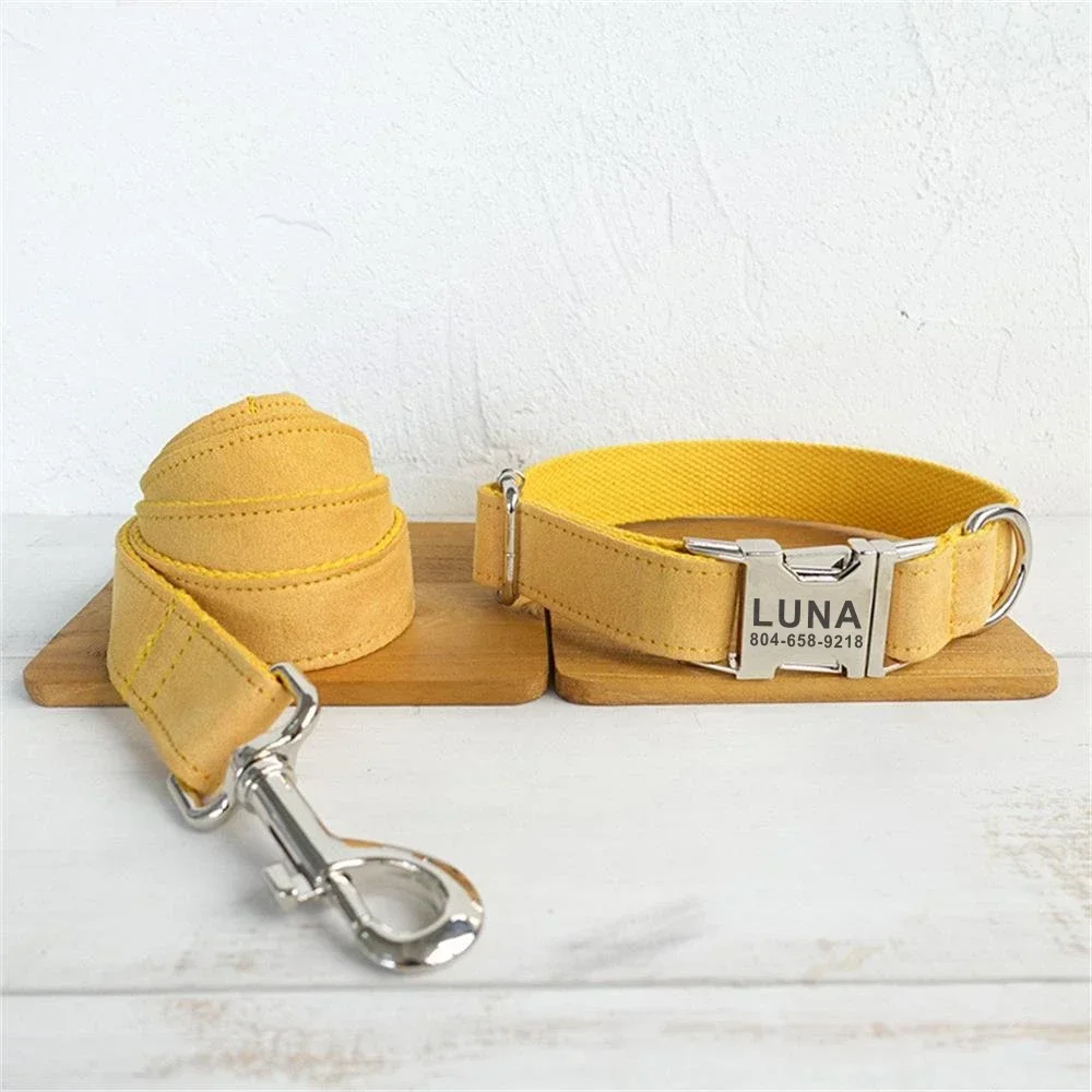 Personalized Dog Collar with Free Engraving, Matching Pet Leash,Customzied Contacts Buckle, Yellow Velvet Pet Collar