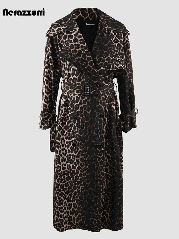 

Nerazzurri Autumn Extra Long Oversized Leopard Print Trench Coat for Women with Back High Slit Double Breasted European Fashion