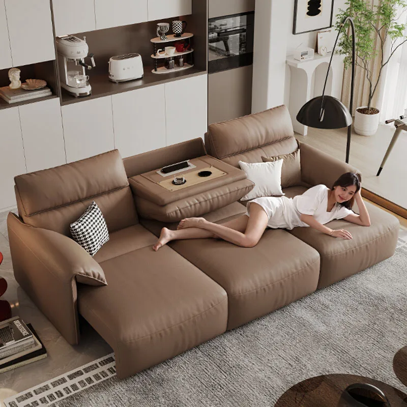 Electric SofaElectric Leather Sofa Bed Straight Row Three People Retractable Reclining Dual-use Intelligent Elephant Ear Functio