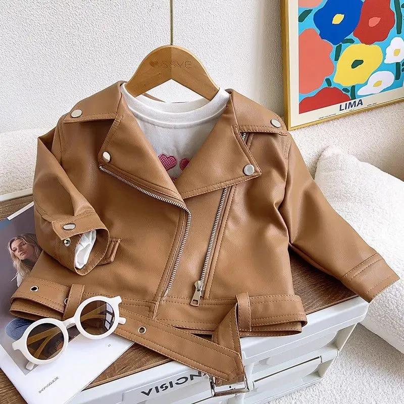 Girls Lapel Motorcycle Leather Jacket Spring and Autumn New Korean Little Girls Stylish and Trendy Leather Jacket Trend