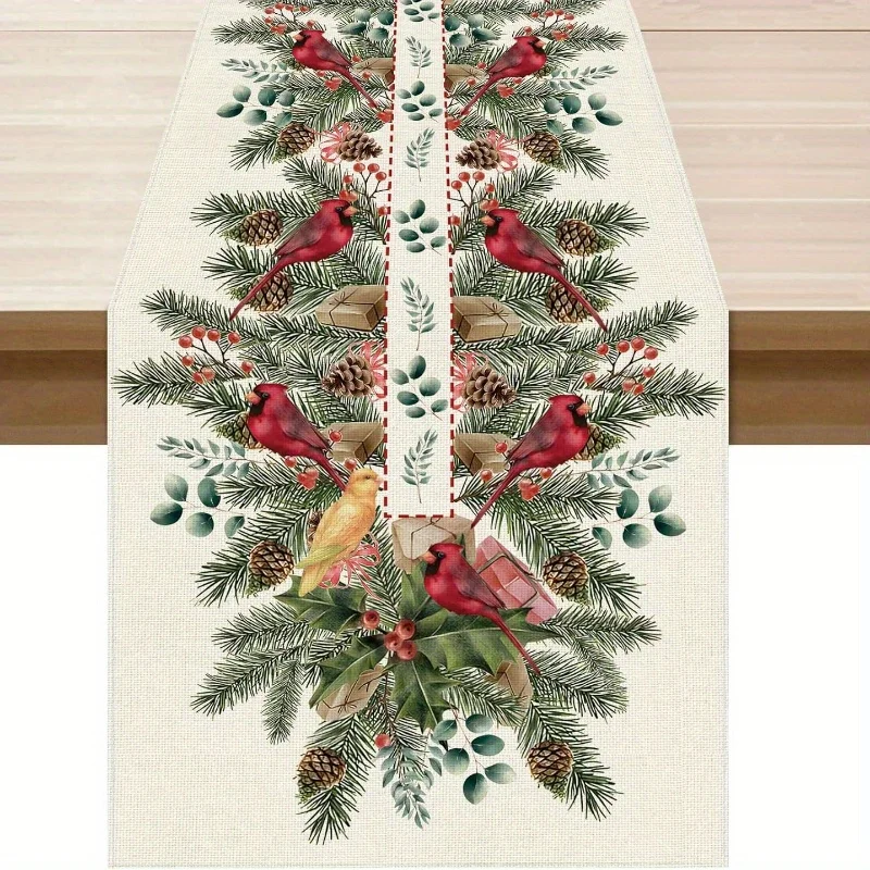 

Christmas Pine Needle Cardinals Linen Table Runner Party Decor Winter Holiday Kitchen Dining Table Runner Christmas Decorations
