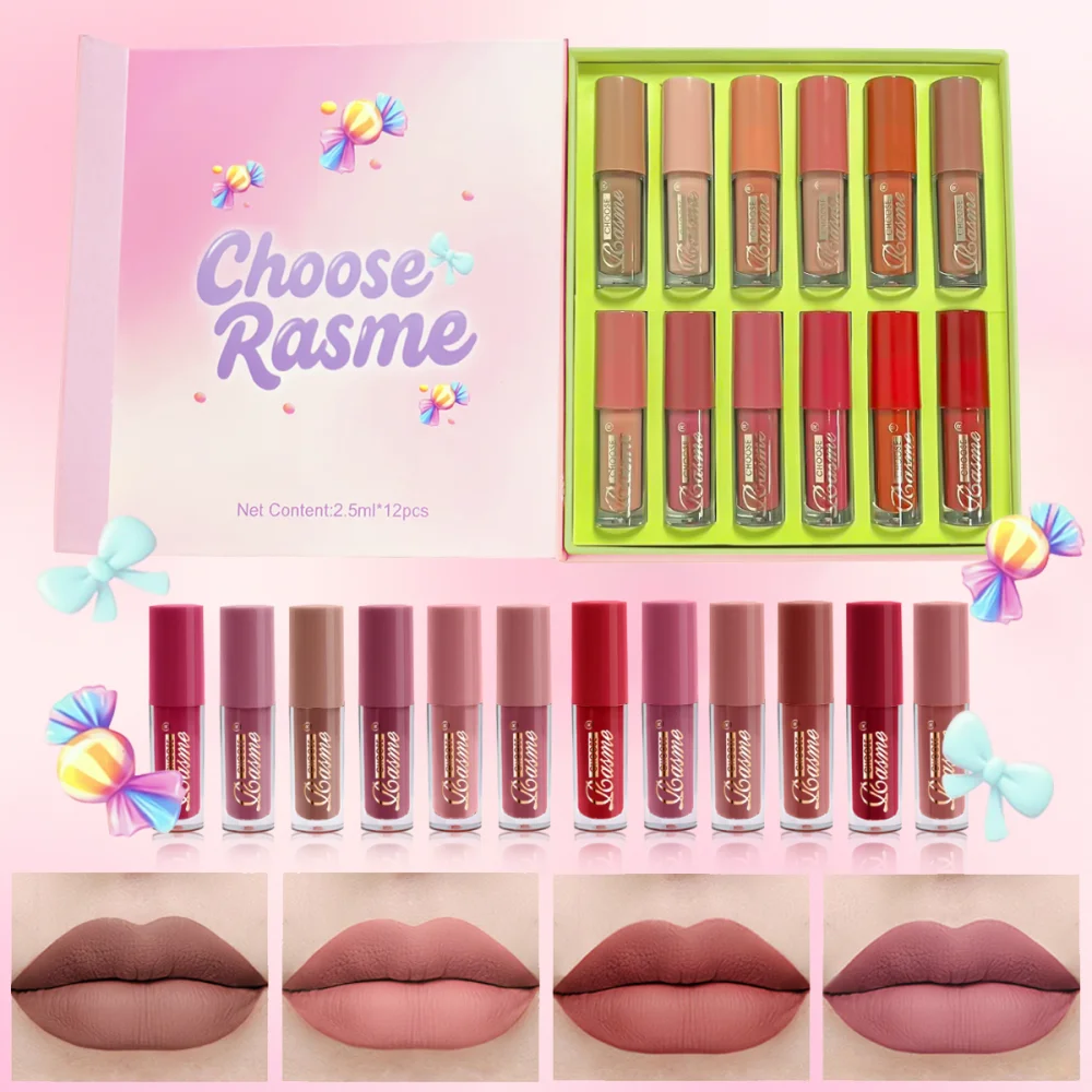 CHOOSERASME 12-Farben-Lipgloss-Lippenstift-Set, flüssig, matt, samtig, Damen-Make-up, langlebig, wasserfest, Weihnachtsgeschenke