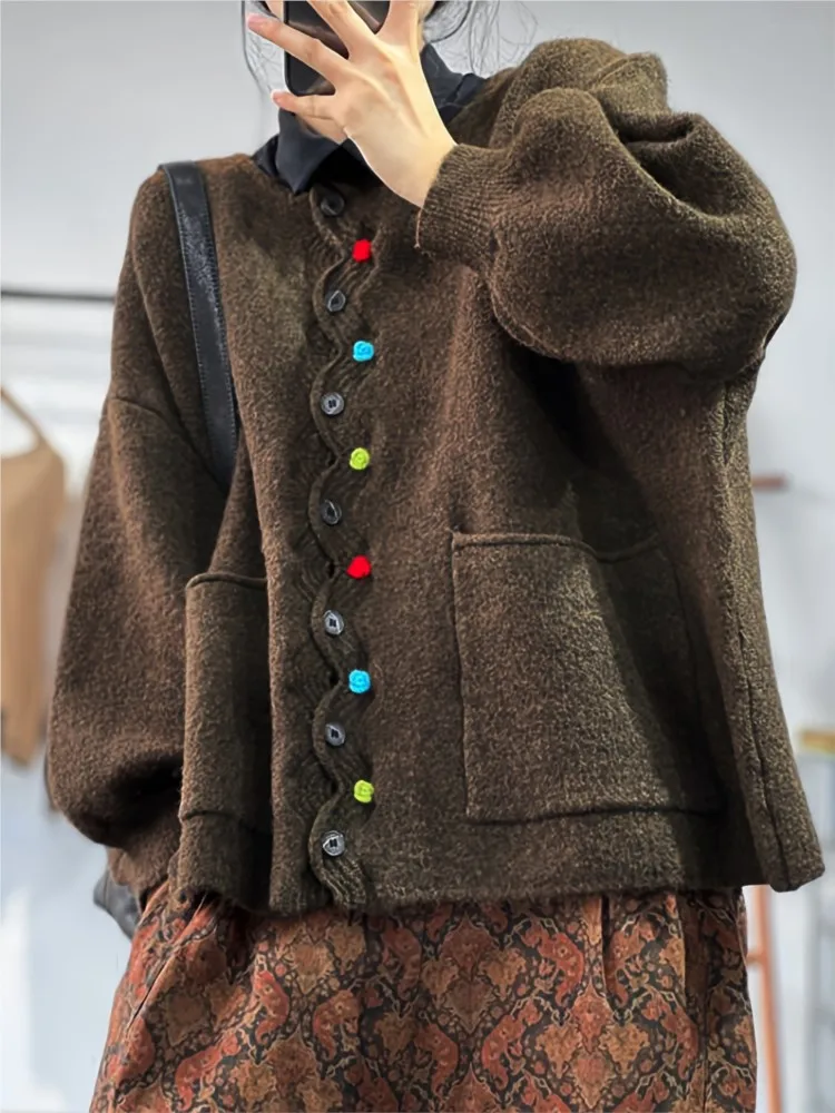 

Spring Autumn O-neck Long-sleeved Cardigan Sweater For Women Fashion Solid Color Button Design Loose Casual Sweater For Women