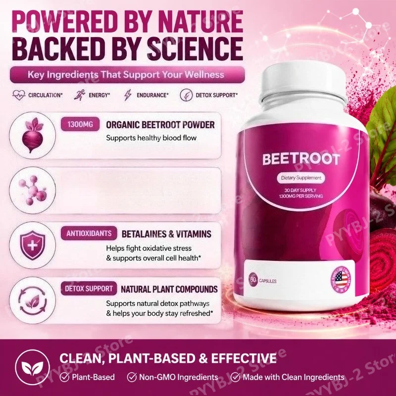 Beetroot Capsules 60 Count Plant Supplement Contain 1300mg Organic Beetroot Powder Help Enhance Energy and Endurance Support