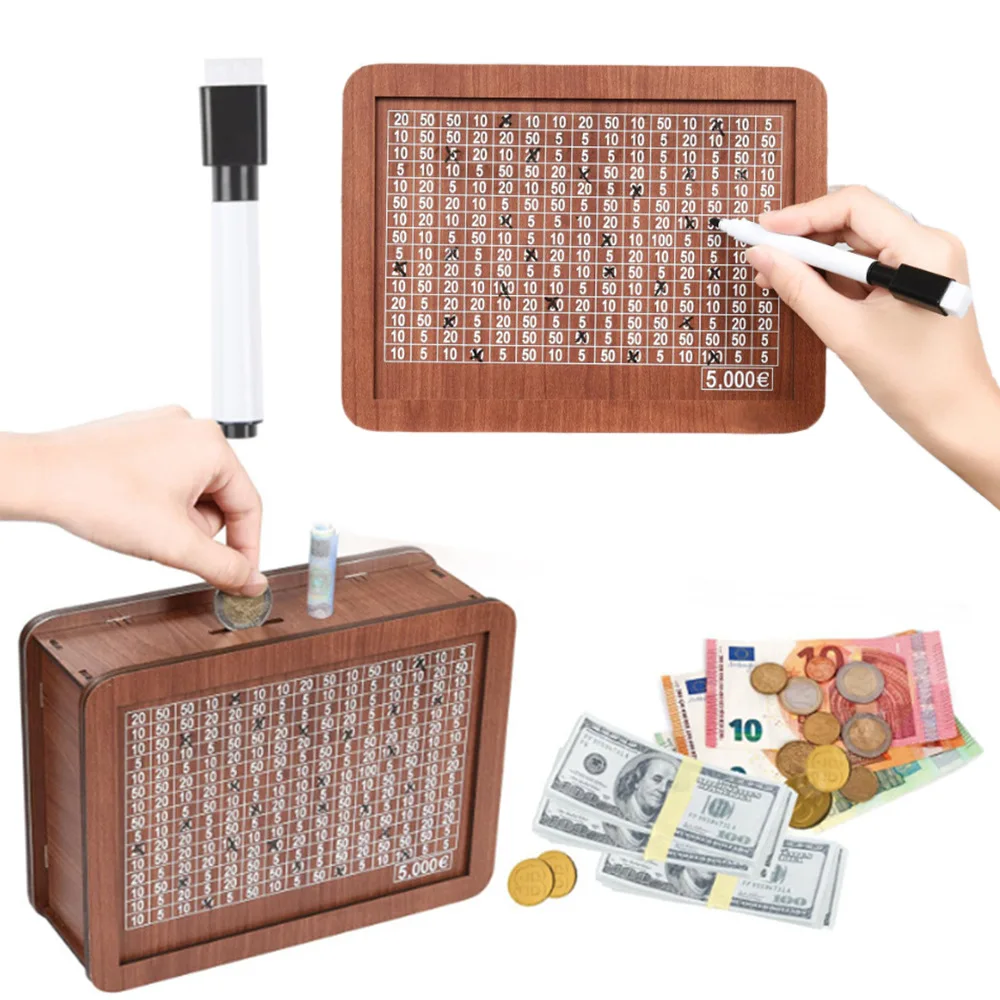 Wooden Money Box with Saving Money Goals Counter Handmade Piggy Bank Reusable Coin Tray Storage Case Helps The Habit of Saving