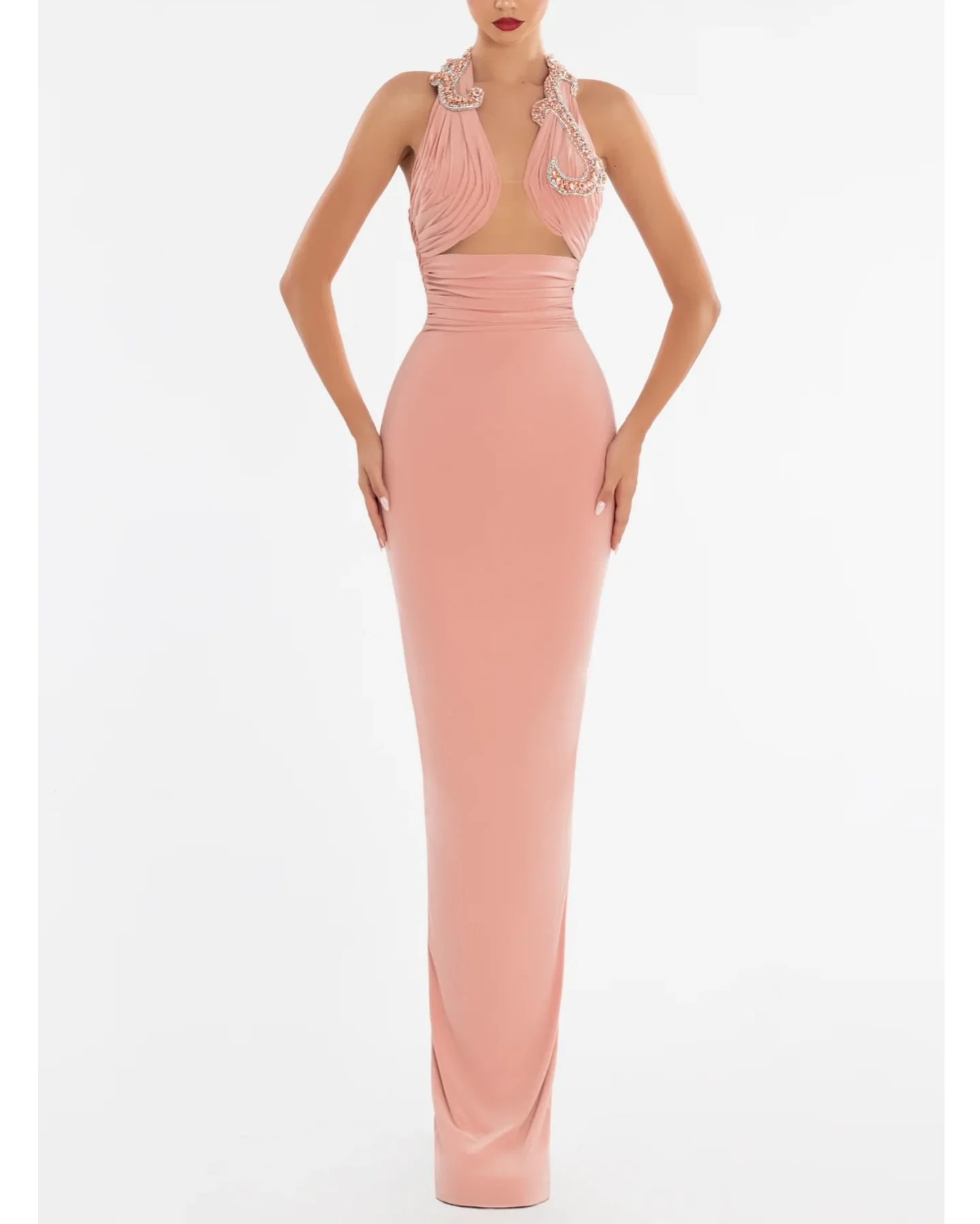 Maßgeschneidertes sexy Jersey-Abendkleid mit geradem Kristall, temperamentvoll, ärmellos, Neckholder, bodenlang, فستان • • Daug__