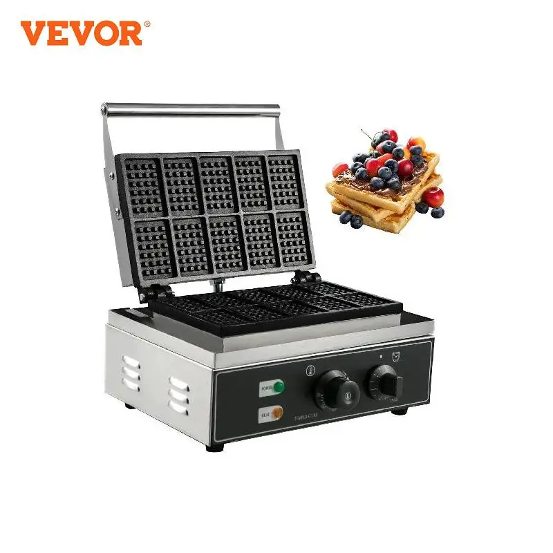 VEVOR Commercial Rectangle Waffle Maker 10pcs Stainless Steel Nonstick Electric Waffle Maker Machine for Restaurant Snack Bar