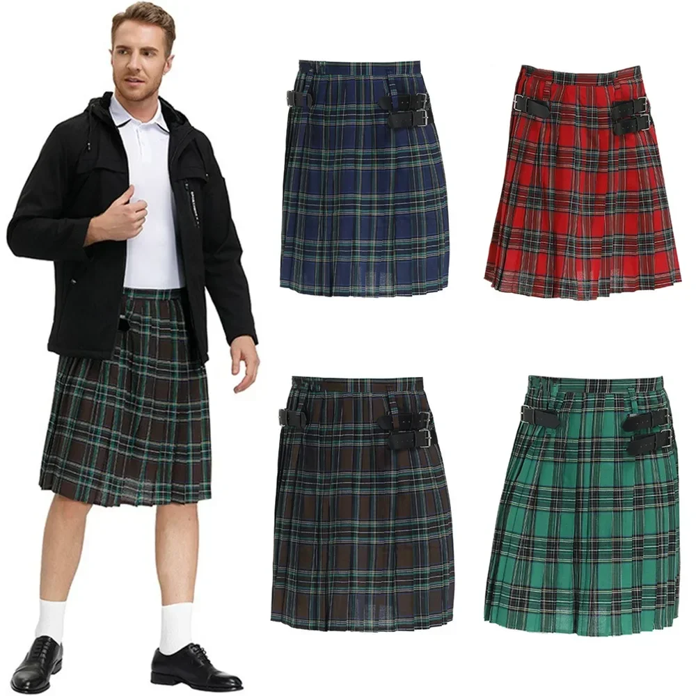 

Kilt Costume Men Plaid Pleated Skirt Scottish Traditional Costume Holiday Stage Performance Green Skirt Fashion