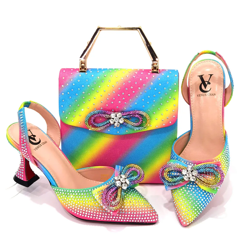 New Arrival Fashion CR920 Italian Shoes and Bag Sets Rainbow Women Wedding Special Appliques for African Lady Sandals Bag