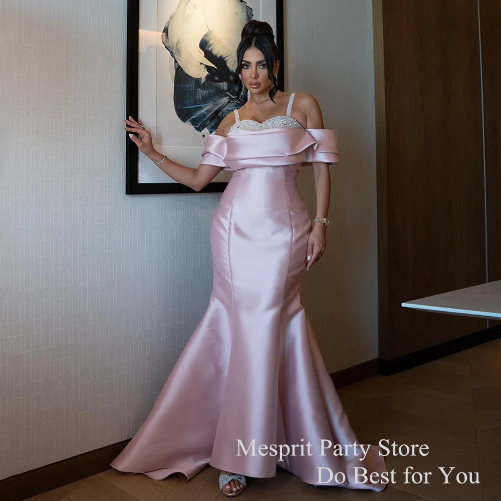 

Pink Dubai Evening Dress Off The Shoulder Sweetheart Beading Sequined Sweep Train Satin Mermaid Prom Gown Saudi Formal Gown