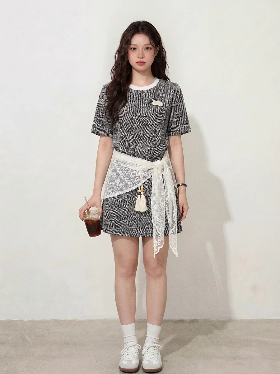 

plus Size Casual High Waist round Neck Short Sleeve T-Shirt Women Summer Set Three Pieces Color Block Skirt Fashion Set