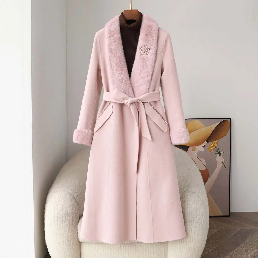 

2026 Winter Women Natural Mink Fur Collar Cashmere Wool Woolen Ladies Outerwear Female luxury Coat Real Fur Long Coat