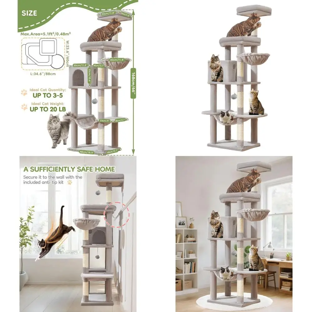 

66 Premium Cat Tree with Scratching Posts, Plush Hammock, and Adjustable Basket for Large Cats in Light Gray