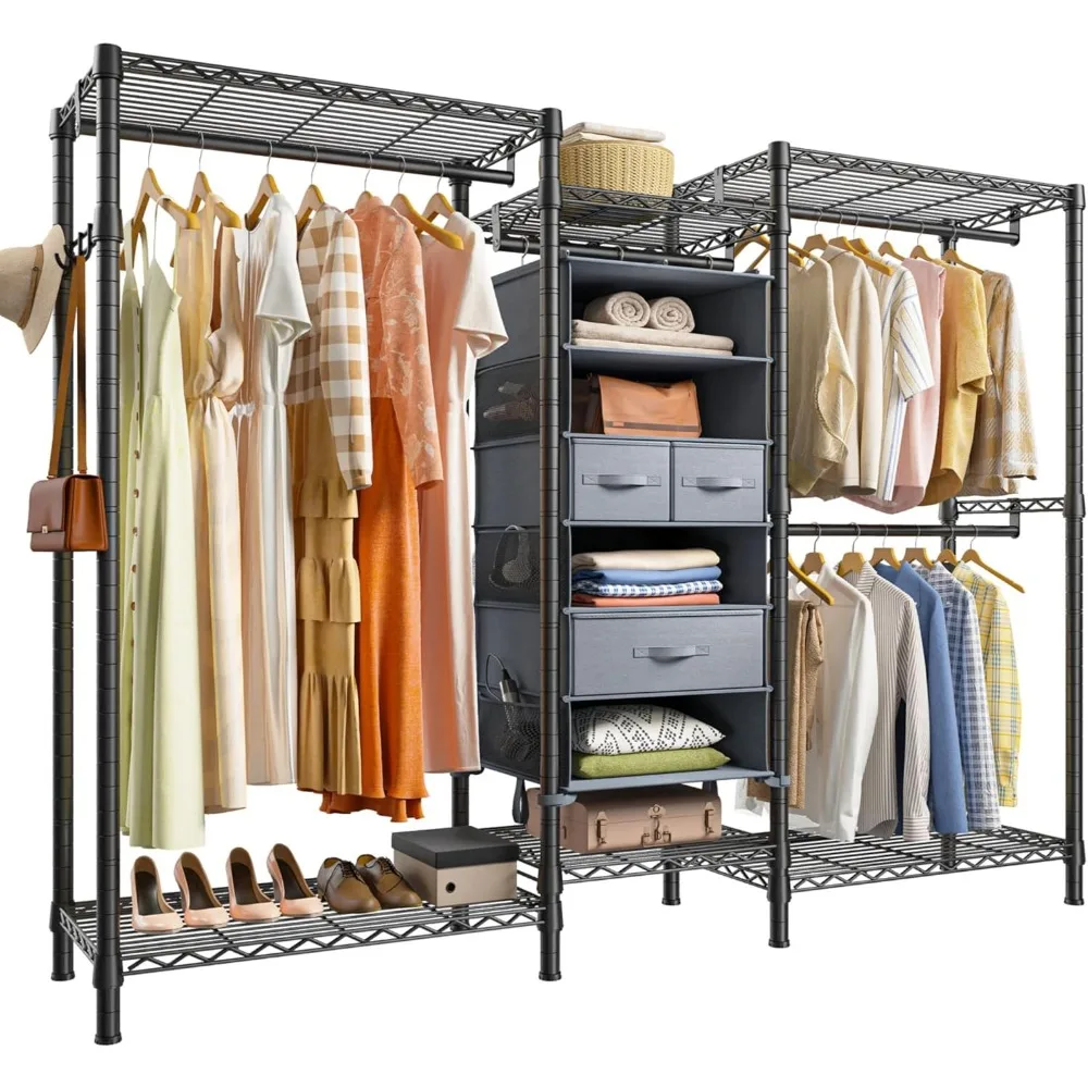 

Heavy Duty Clothes Rack for Hanging Clothes, Garment Rack with 3 Hanging Rods, Portable Closet with 7 Drawers, Max Load 800LBS