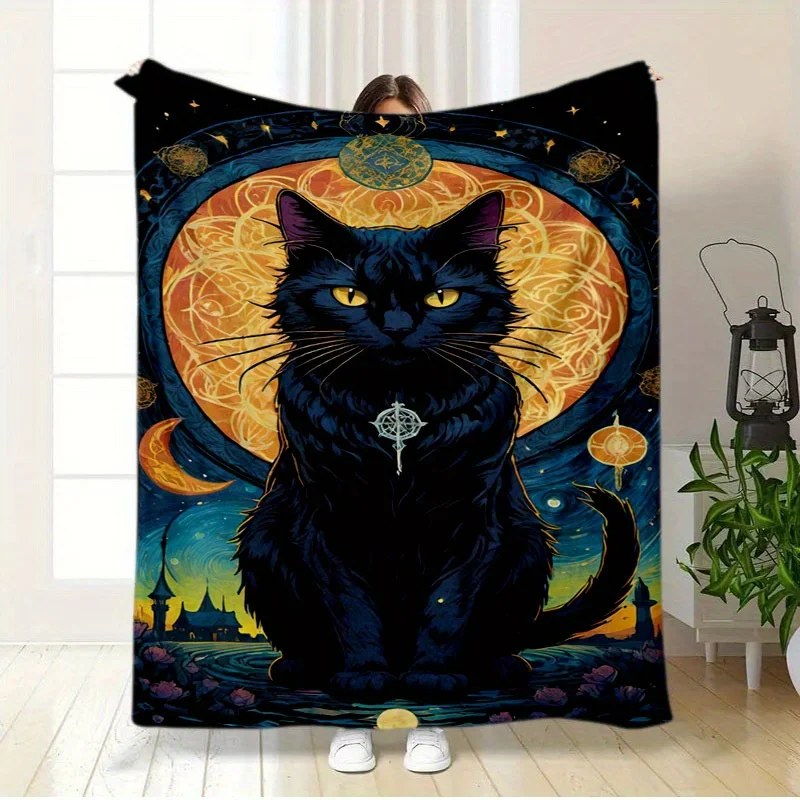 Cozy Black Cat Pattern Throw Blanket - Soft Flannel, Tear-Resistant, All-Season Comfort for Sofa, Bed, Office, and Travel