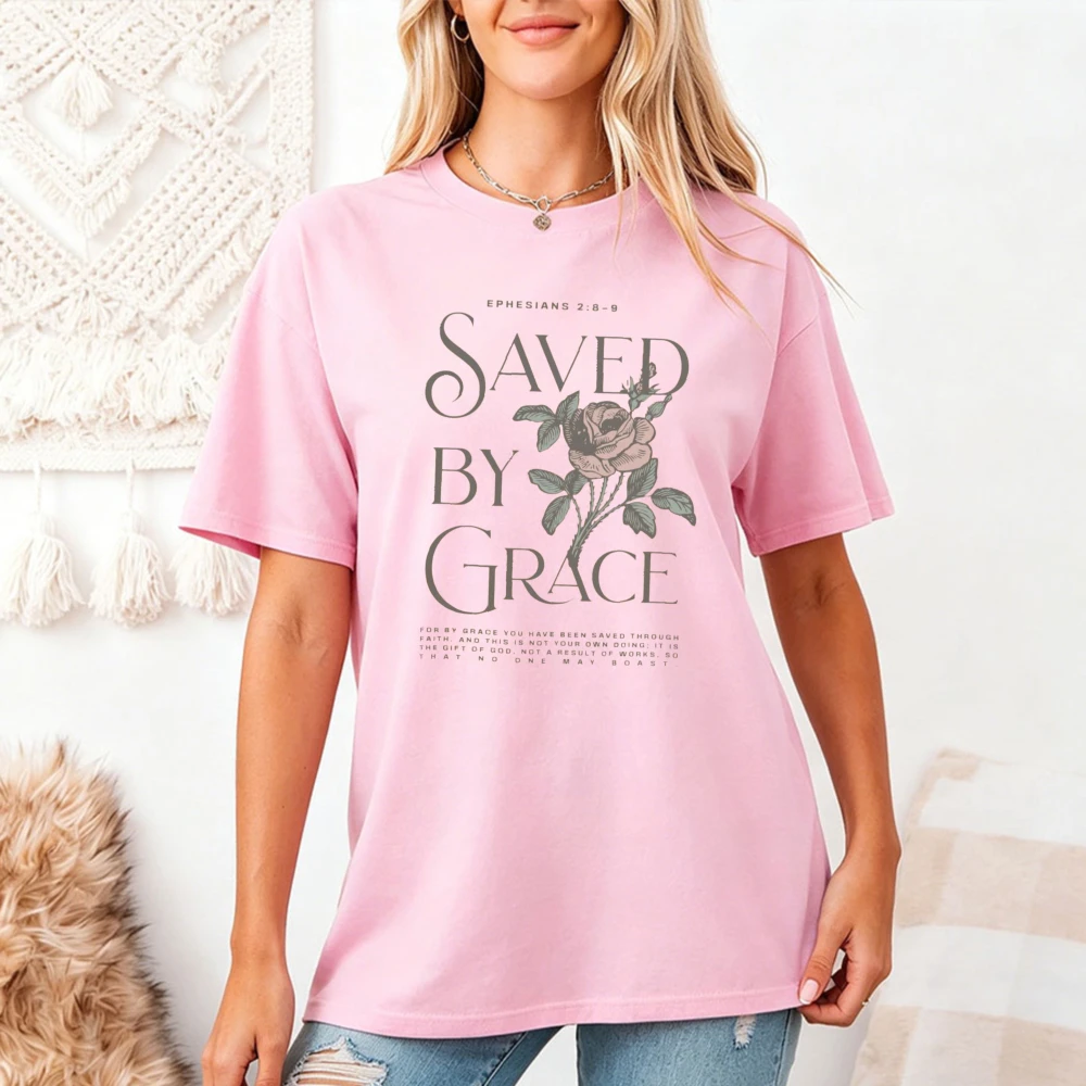 Christian Scripture Shirt Saved By Grace Rose Floral Design Crew Neck Short Sleeve Faith Based Bible Verse T Shirt Gift