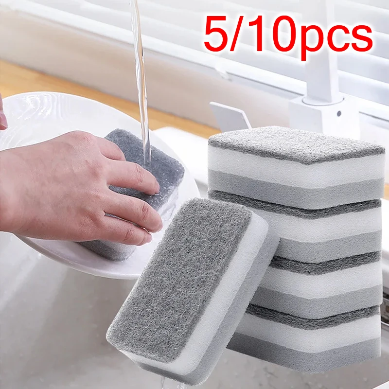 Esponja de doble cara para el hogar, estropajo gris resistente a la suciedad, esponja para manchas de cocina, suministros de limpieza profesionales, 5/10 Uds.