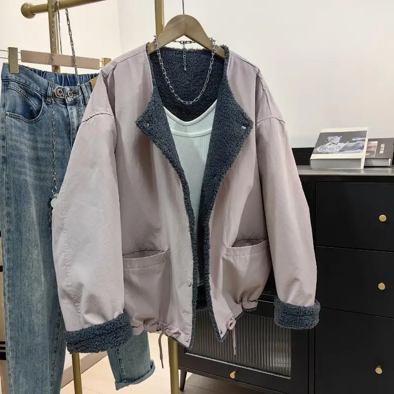 

SuperAen Korean-style Casual Loose O-neck Patchwork Short Jacket for Women 2026 Autumn and Winter New Thickened Coat