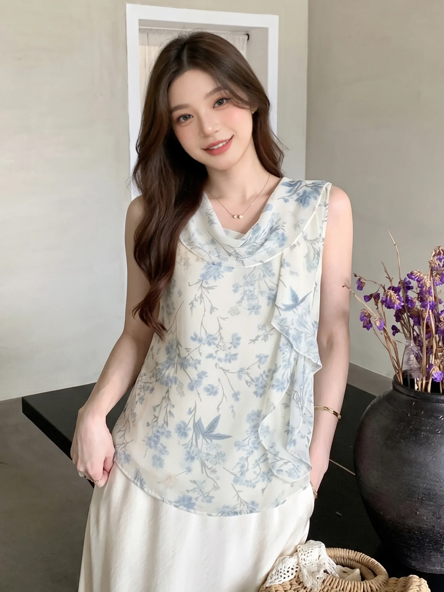 

Korean Design Floral Print Sleeveless Chiffon Top Women's Summer New Style Hem Bow Tie Vest Fashionable Straight Cut Vest