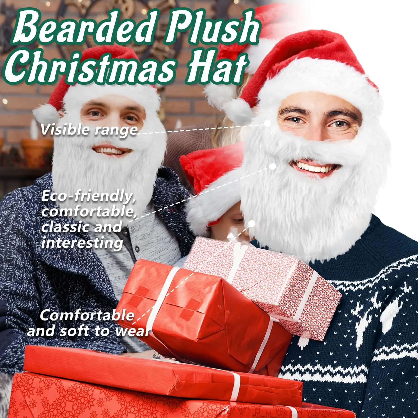 ชุดหมวกและเคราซานต้าสำหรับผู้ใหญ่ หมวกซานตาคลอสพร้อมเครา ชุดแต่งกายสำหรับงานปาร์ตี้คริสต์มาส คอสเพลย์ อุปกรณ์เสริมสำหรับผู้ใหญ่