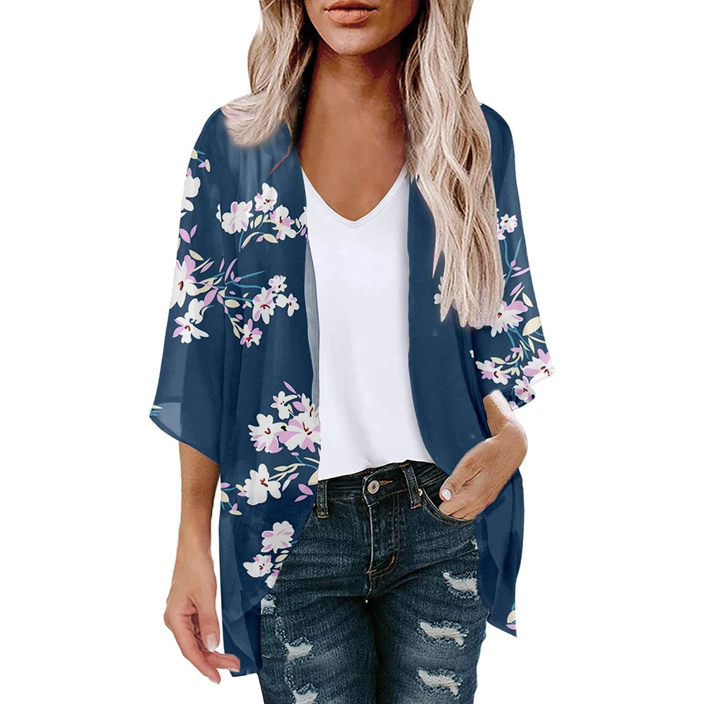 New Women\'s Tops Loose Floral Print Chiffon Coverups Beach Swim Bikini Kimono Cardigan Puff Sleeve Cover Ups Blouse for Swimwear