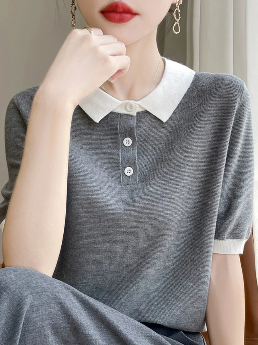 

Sli Ne ort Sve T-irt Women's Summer 2024 New Knitted Base Layer Top Color Blo Design Commute Simple Sle