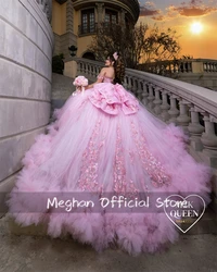 Pink Off Shoulder Quinceanera Dresses Ball Gown Bead 3D Flowers 2024 Birthday Luxury Dress Ruffles Princess Gown Customized