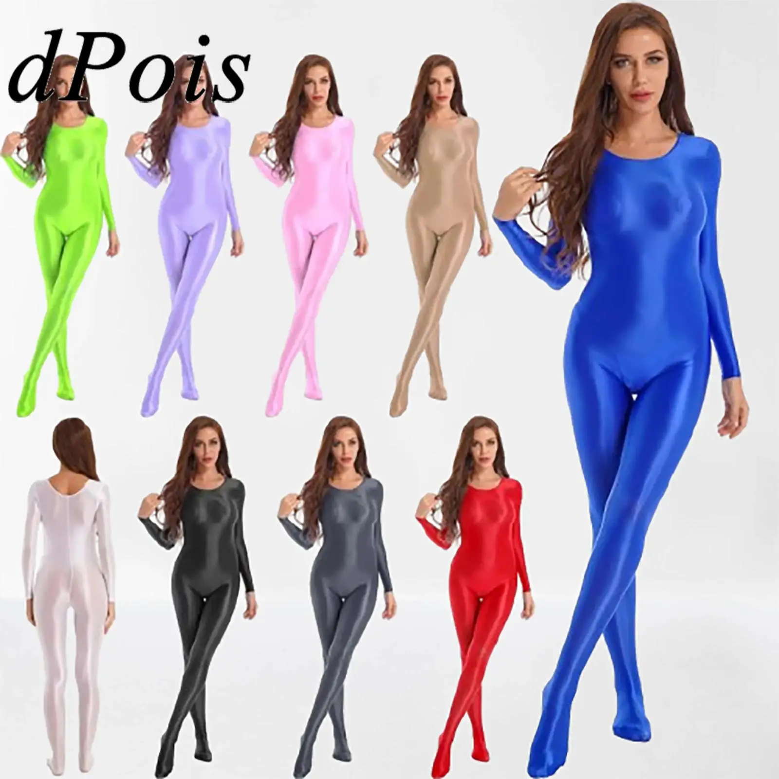 

Women's Glossy Jumpsuits Long Sleeve Lingerie Bodystocking Woman Gymnastics Bodysuit for Yoga Pole Dance Clubwear Nightwear