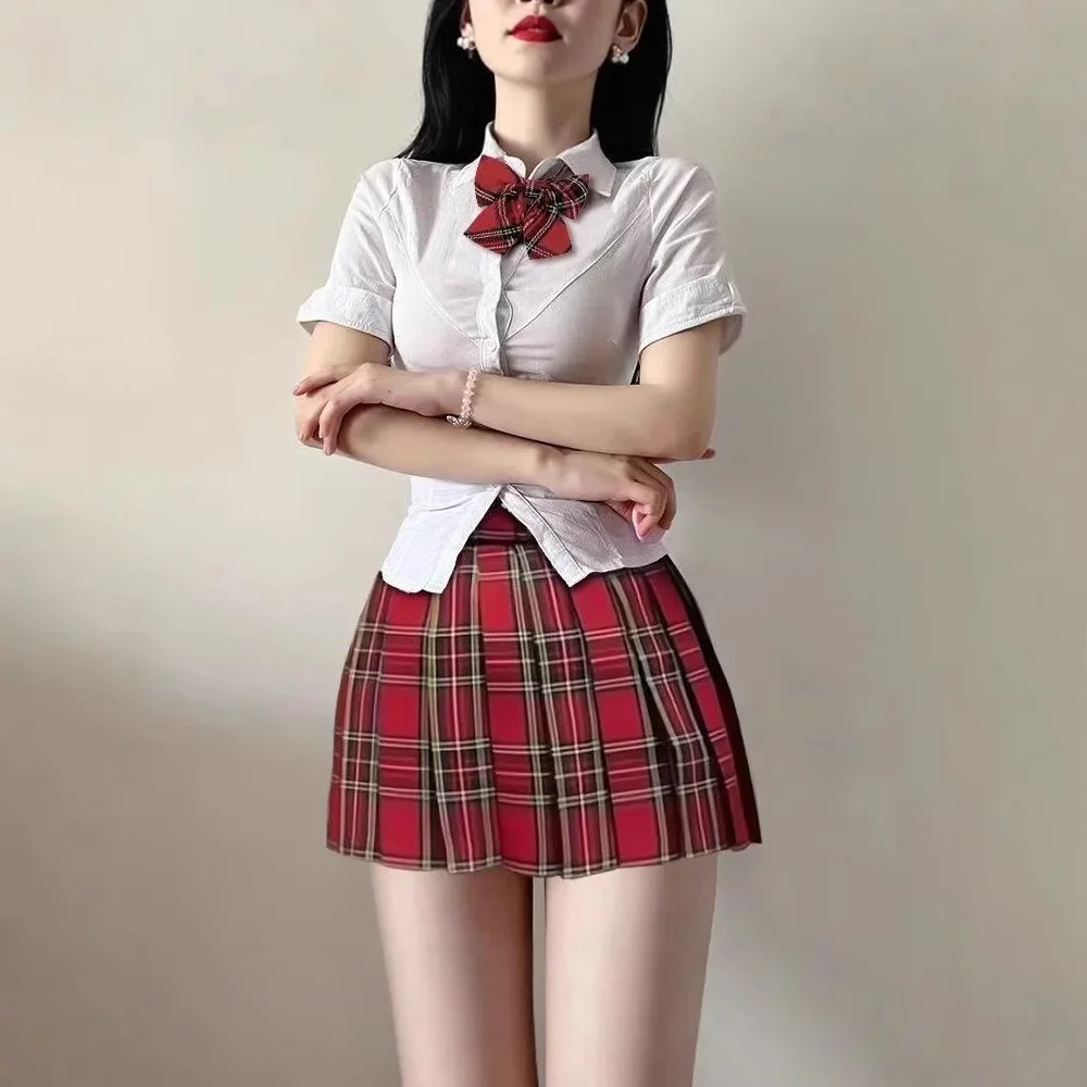 Conjunto de uniforme escolar Jk coreano de estilo universitario, camisa blanca, minifalda plisada a cuadros ceñida con cintura, conjunto de falda de media longitud