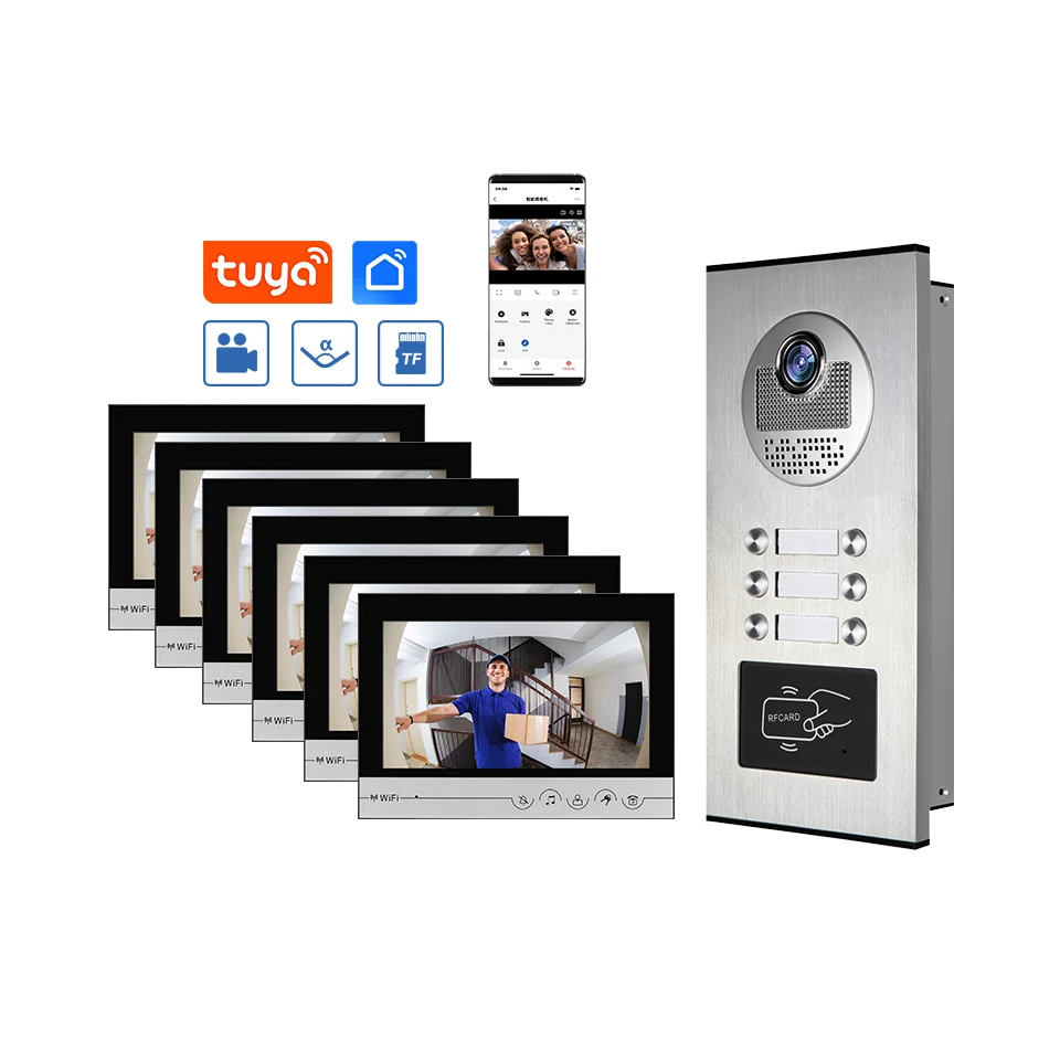 6 ボタンマルチアパート 9 インチスクリーンビデオドアホン RFID カードロック解除アクセス制御機能ビデオドアベル