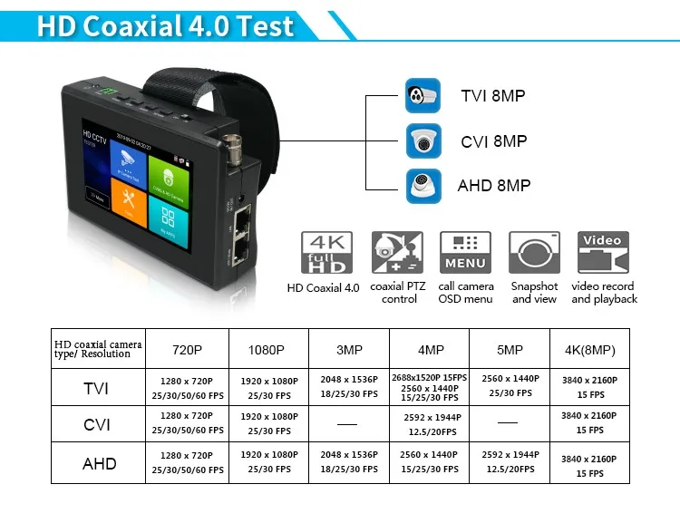 H265 264 8MP Multi-function CCTV TESTER IPC 1800 Plus Guide 4 Inch 4K Security IP Camera monitor with WIFI AHD/TVI / CVI CVBS