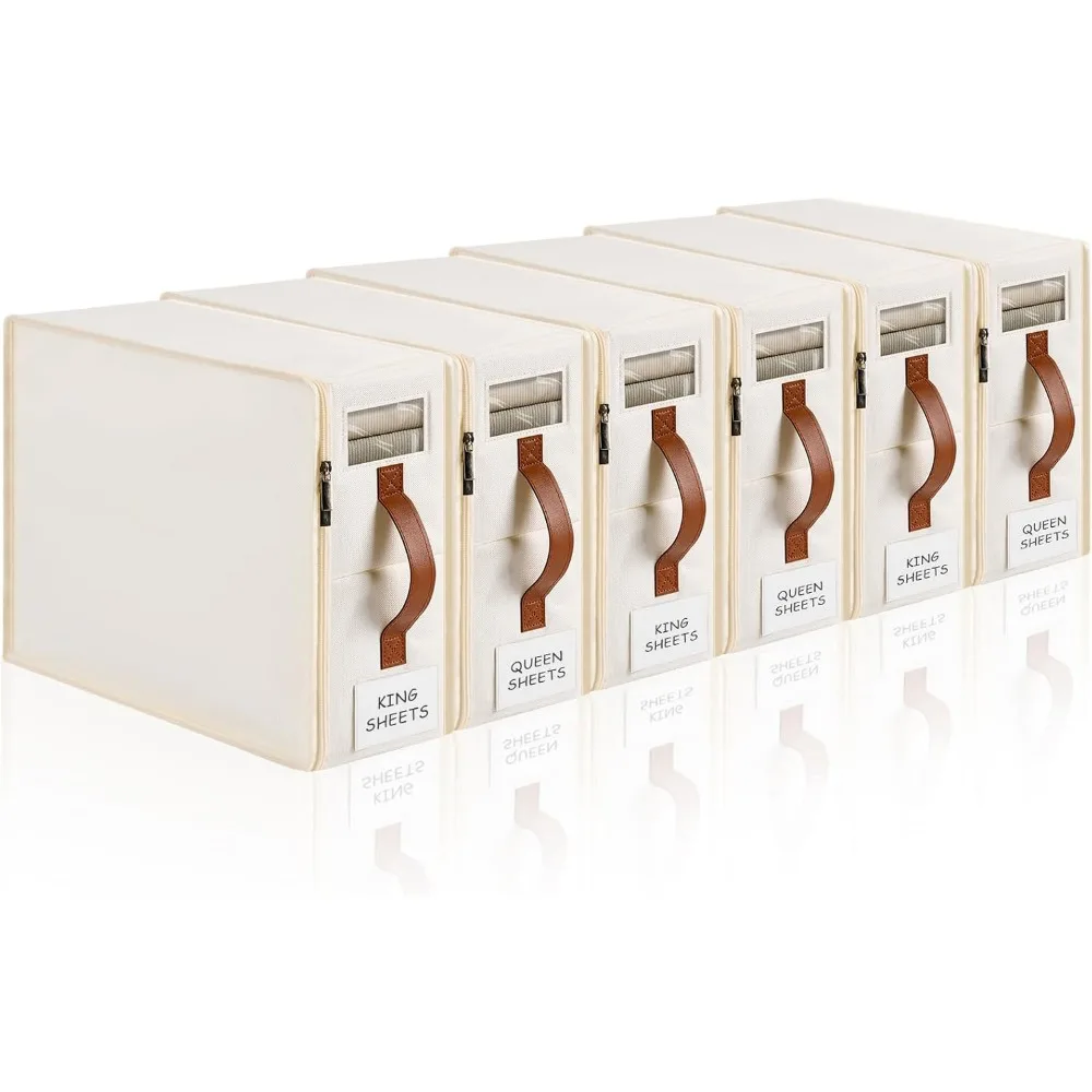 

6-Pack Bed Sheet Organizer with Zipper, Label, Handle & Window for Storage of Sheets, Clothing, Toys